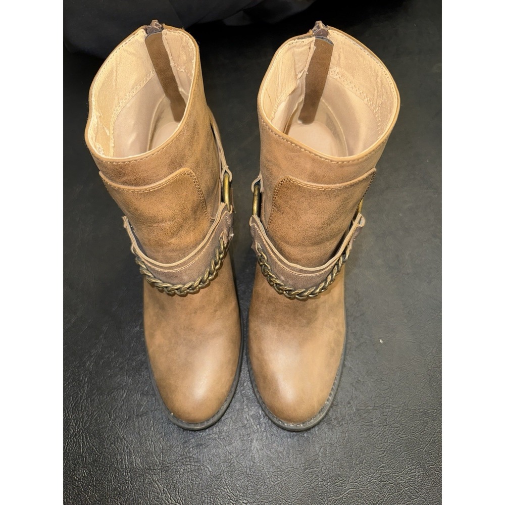 Candies Women's Ankle Boot W/Harness & Chain, Zipper Closure, Size 9 1/2 Brown